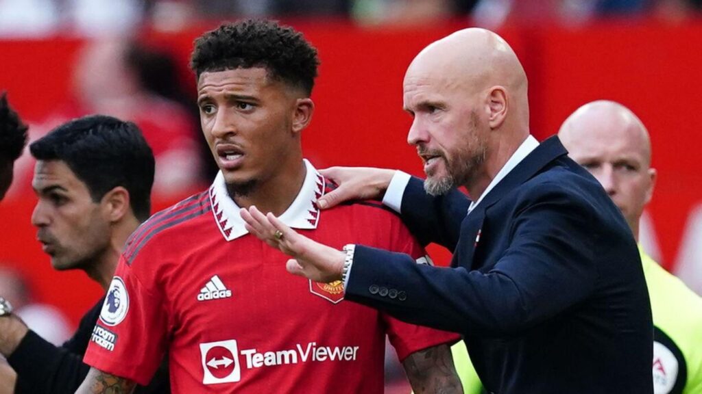 Winger Manchester United, Jadon Sancho, dikabarkan memiliki peluang untuk kembali merumput di Jerman. (cr/x.com)