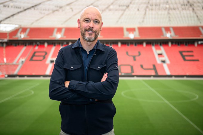 Mantan manajer Manchester United, Erik ten Hag, secara resmi ditunjuk sebagai pelatih baru Bayer Leverkusen. (cr/x.com)